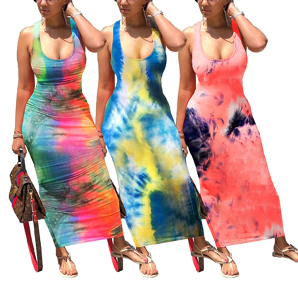 

New Fashion Women Tie Dyeing Printed Backless Dress Sleeveless Tank Long Dress Bodycon Summer Soft Party Dress