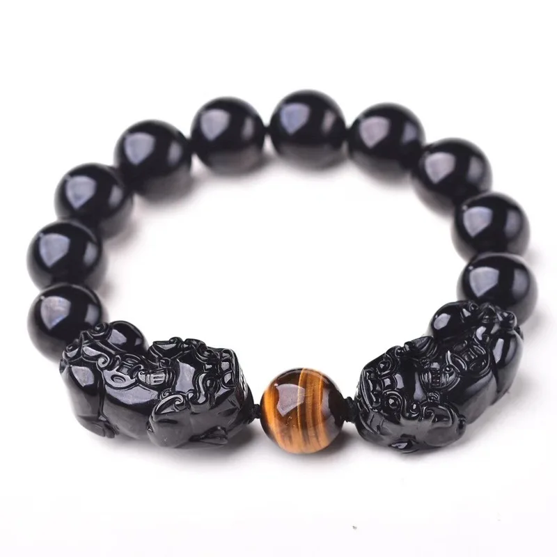 

Men's Double PIXIU Bracelets Black Obsidian Brave Troops With Coins Round Buddha Beads Bracelets Gift for Male's Fine Jewelry