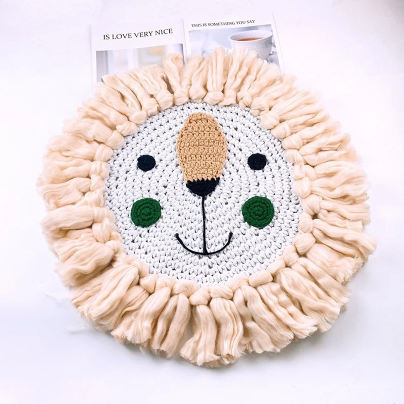 

97BC Cartoon Animal Head Children Room Ornament Nordic Hand Woven Wall Hanging Decorations Cotton Thread Weaving