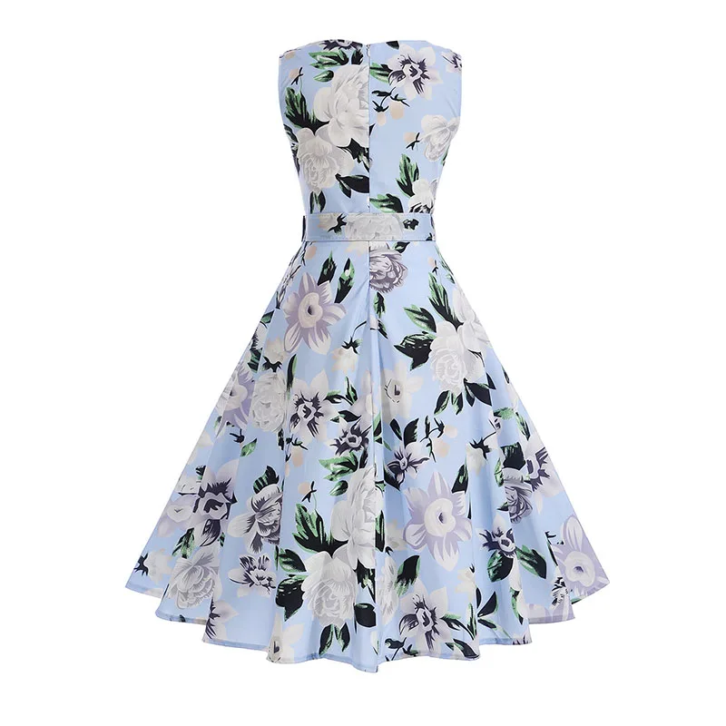 Vestidos, винтажное платье, летнее, с цветочным принтом, без рукавов, платья для вечеринок, 50 s, 60 s, элегантное, рокабилли, сексуальное, пин-ап платье с поясом