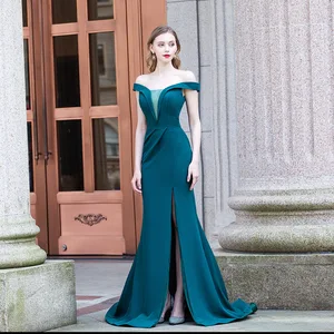 Женское вечернее платье YQLNNE, элегантное официальное платье с открытыми плечами, с разрезом, изумрудное Зеленое Длинное