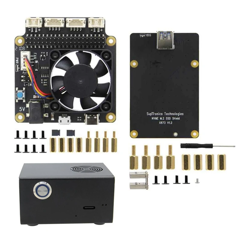 X873 V1.2 NVME M.2 Expansion Board+X735 V2.5 Power Management Cooling Fan Board with Metal Case for Raspberry Pi 4B