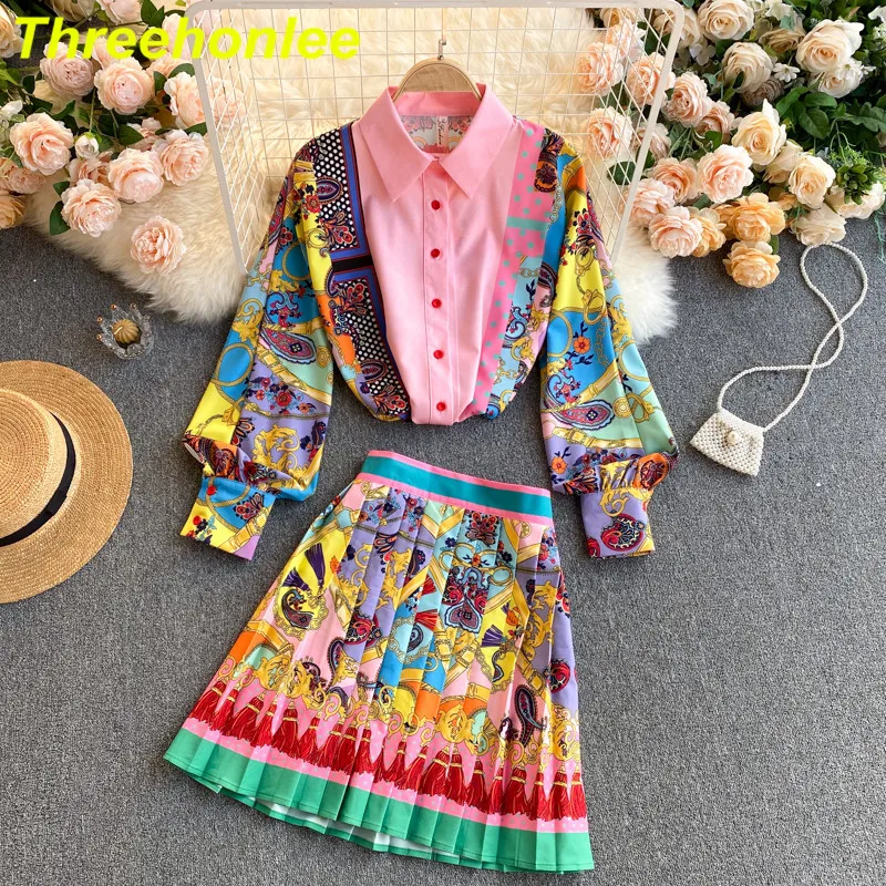 

Bohemian Exotic Print Lapel Bubble Sleeve Shirt Spring Summer Women's High Waist Slim Skirt Suit Printed Ladies Vintage Set