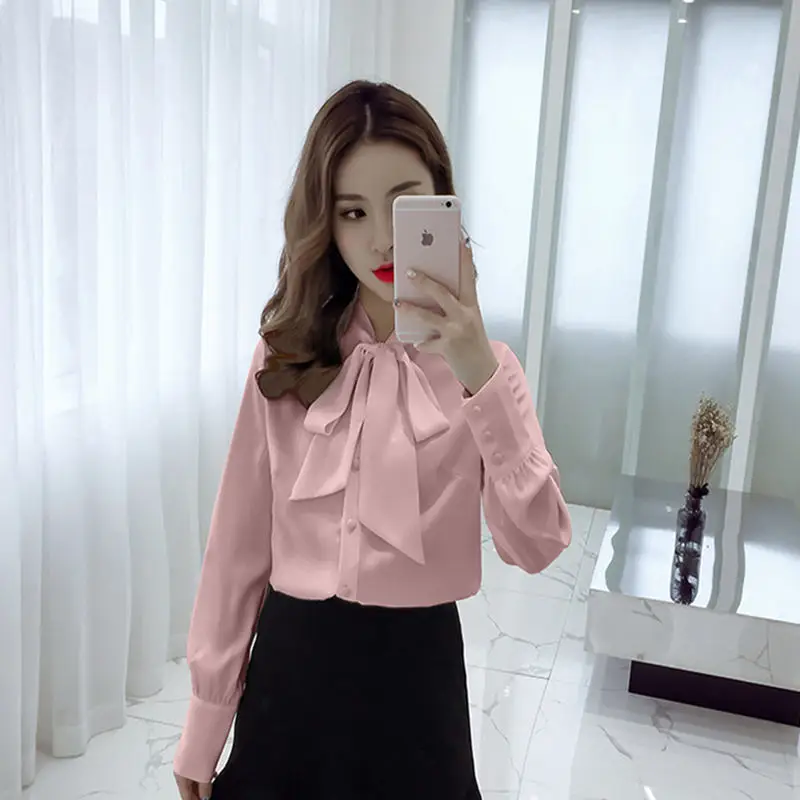 White Shirt Women's Chiffon Office career white shirt Bow Tops Fashion Casual Long Sleeve Women |