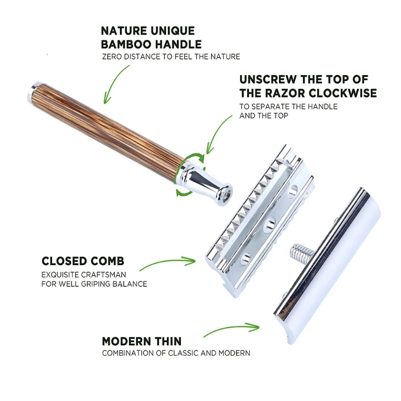 

Бритвы для мужчин и женщин, эко-бритва с натуральным бамбуком/металлической ручкой, безопасная бритва с двойным краем, подходит для всех ста...
