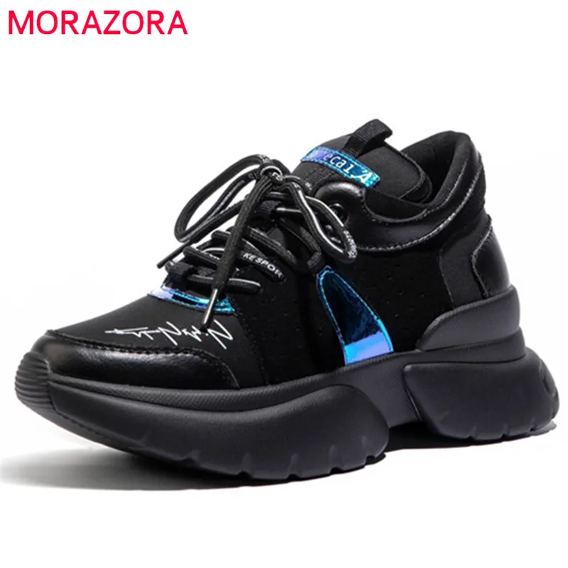 Женские кроссовки из натуральной кожи MORAZORA черные повседневные на плоской