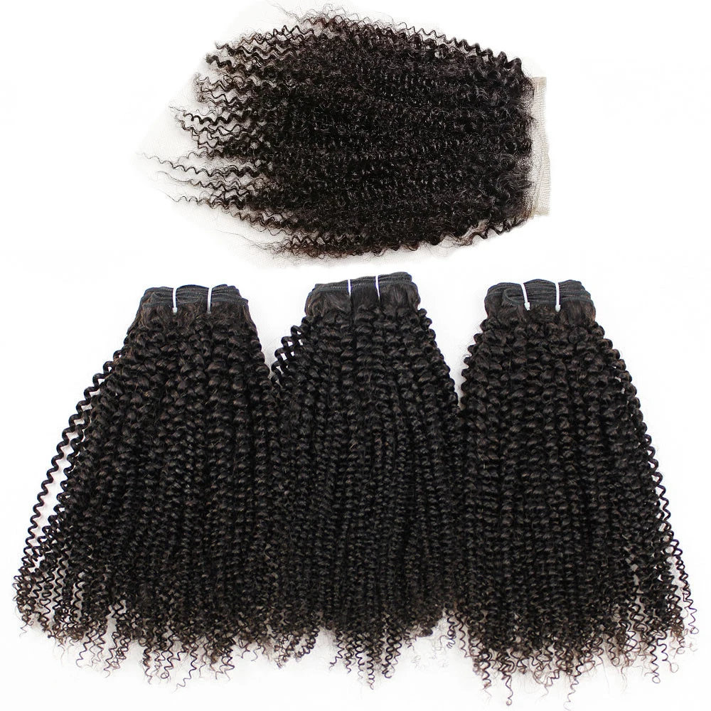 Afro Kinky Curly Bundles With Closure Transparent 4x4 Lace Free Part Natural Black Remy Human Hair Weave 10-30 inch BOBBI