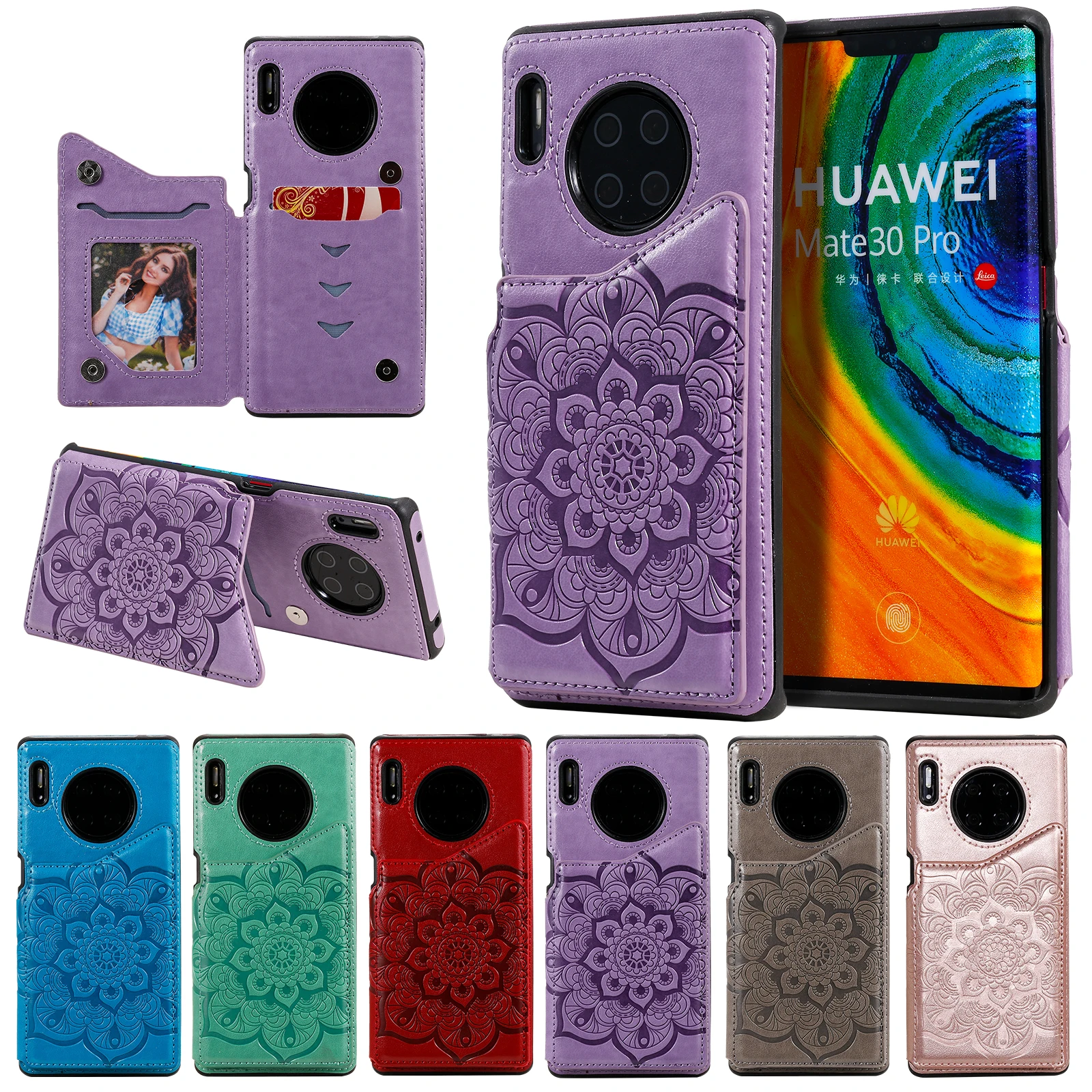 

For Huawei Mate 30 / Mate 30 Pro 3D Embossing Big Flower PU Leather Card Slots Soft TPU Back Cover Shockproof Case Shell Skins