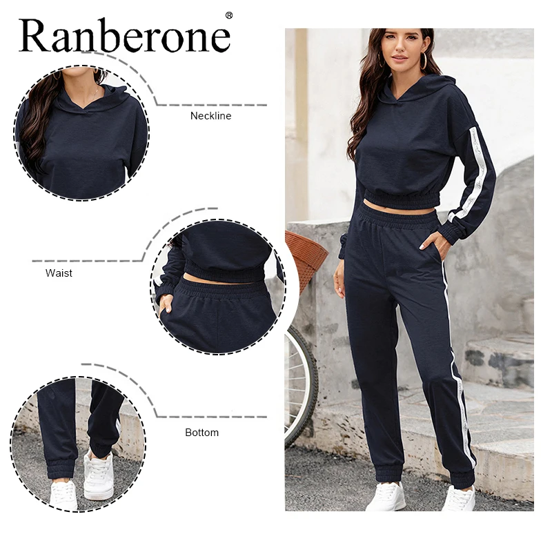 Ranberone Sport Suit Female Hooded Two Piece Set Crop Top And Pants Tracksuit Women Patchwork Suit Jogging Sport Matching Sets