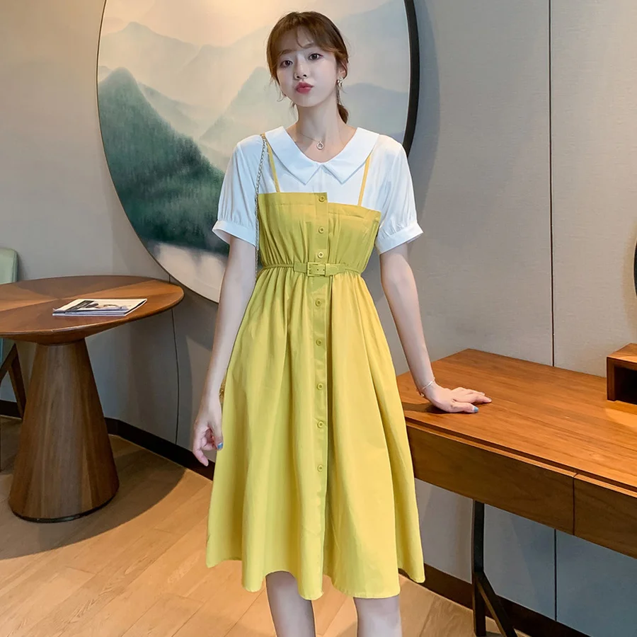 2021 Летняя мода Милая однотонная с фальш вставкой Открытое платье без рукавов в