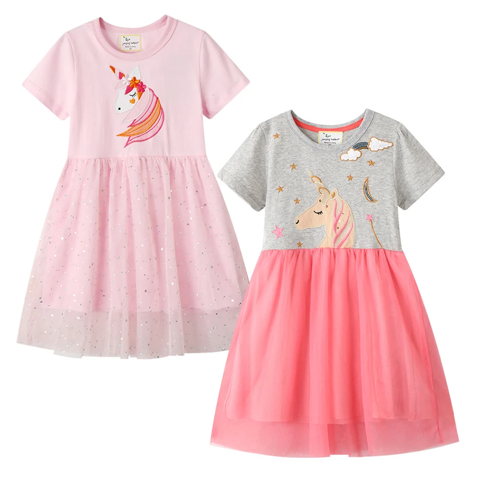 

Летняя футболка с короткими рукавами для девочек, платье с принтом «Единорог», Сетчатое платье с блестками платья для детей нарядное на ден...