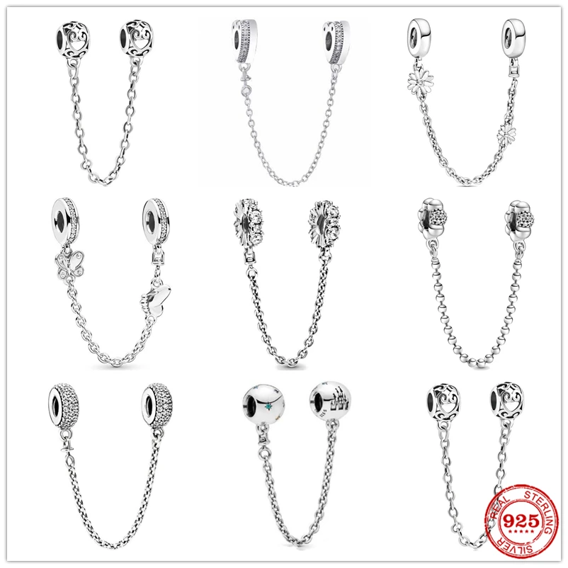 

Silver 925 Sparkling Clear Sparkle Flower Safety Chain Charm Bead Fit Original Bracelet Pendant DIY Jewelry For Women