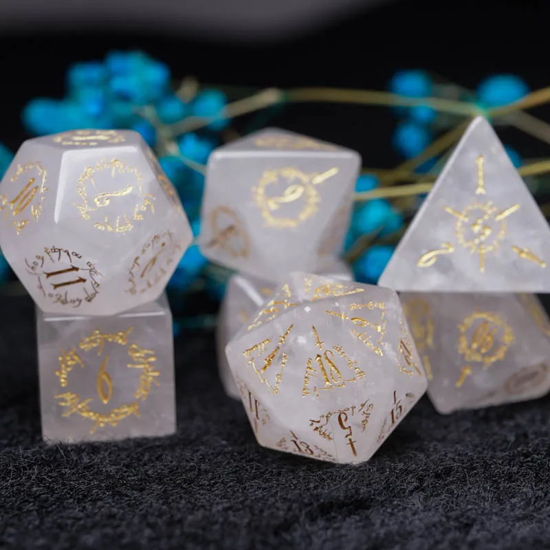 Natural White Crystal Polyhedral DND Dice Set Magic Elvish Dice Handmade Engrave Stone Dice For D&D RPG COC Table Games Gift
