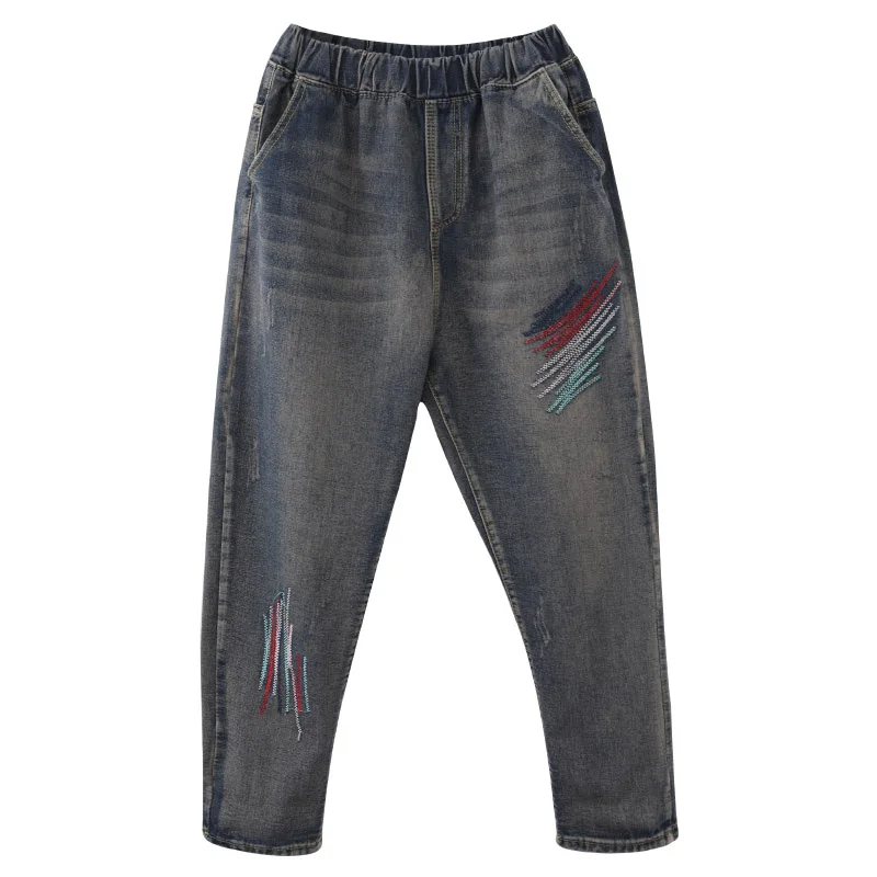 

Women Spring And Autumn Fashion Brand Vintage Line Embroidery Harem Jeans Female Casual Loose Denim Jeans 100KG Cloth
