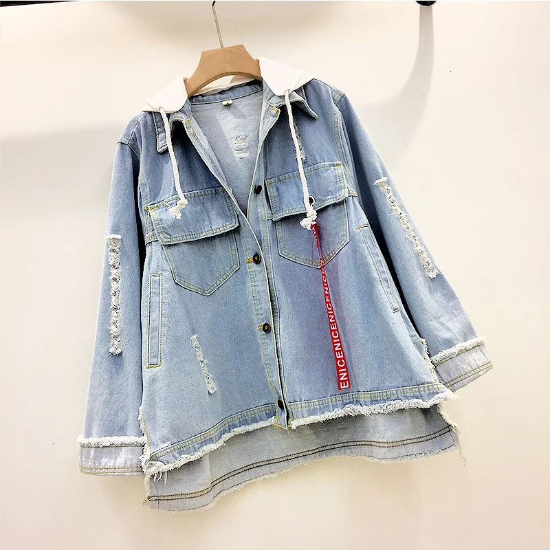 Женская джинсовая куртка с капюшоном Jas свободная оверсайз для женщин BF Harajuku Demin