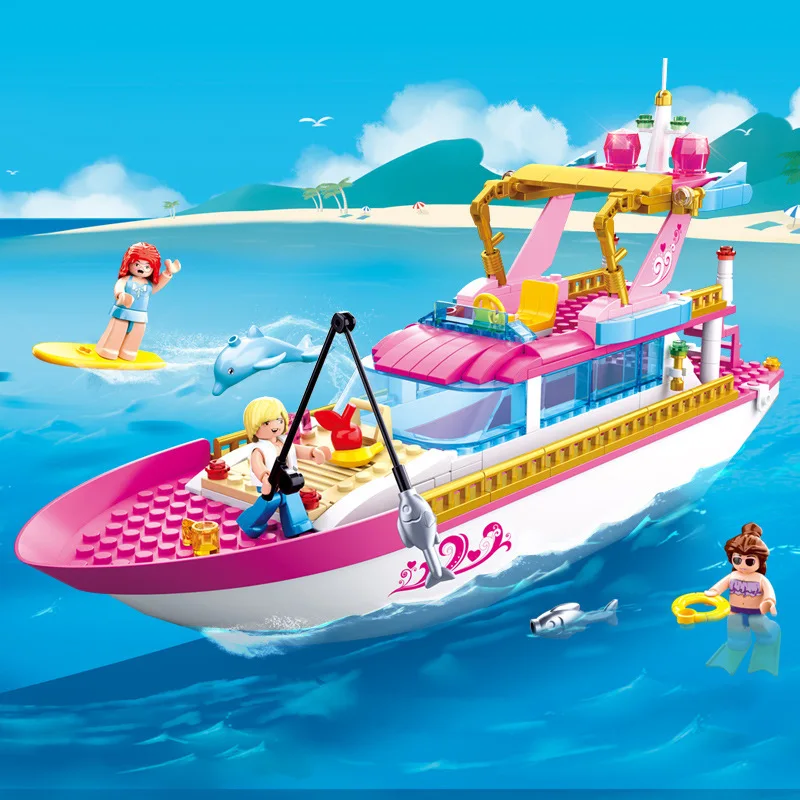 

SLuban 212pcs Street View Pink Dream Series Holiday Yacht Building Block House Model Toy For Girls Christmas Birthday Gifts DIY