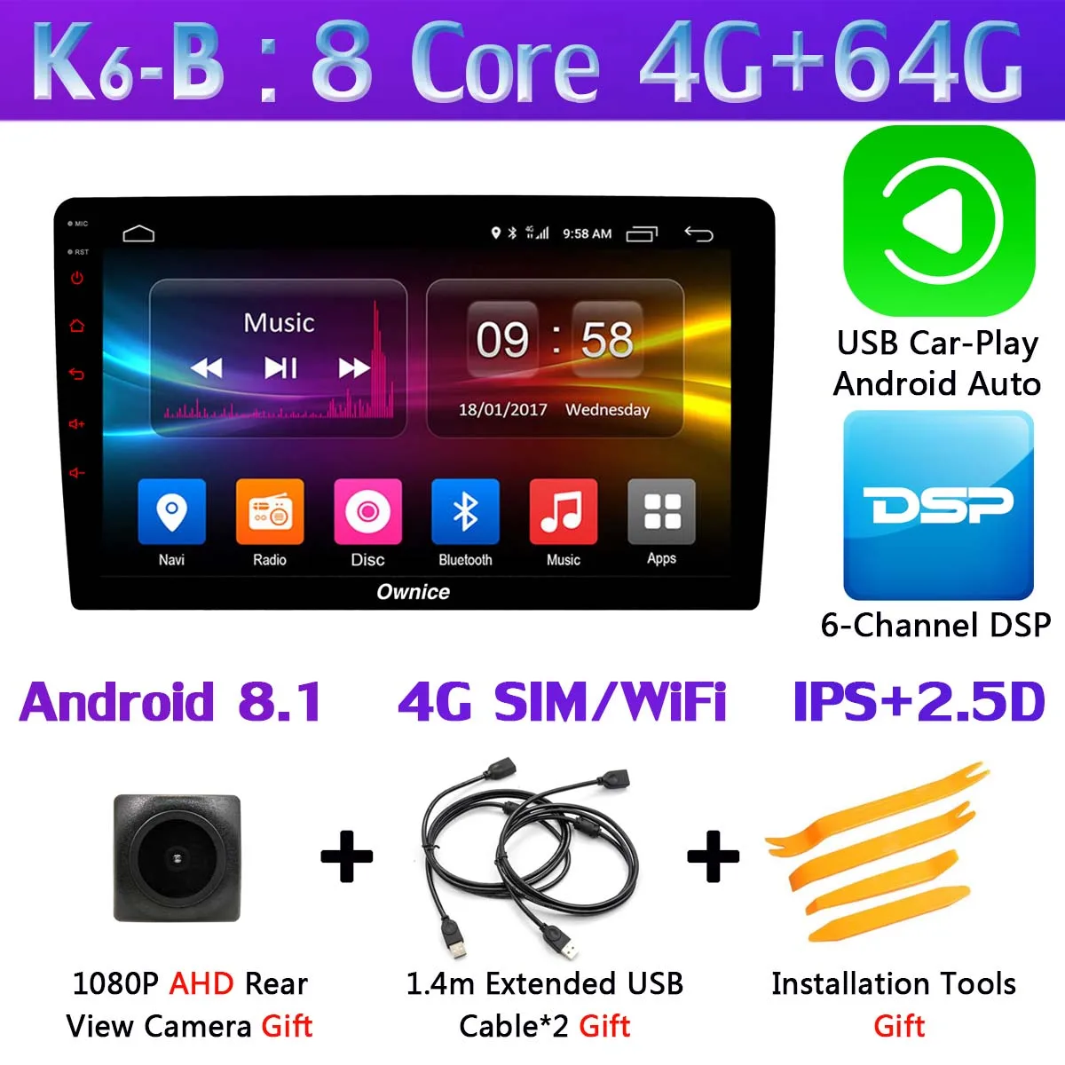 K6-B-CarPlay Ownice K6 ультратонкий 1 din Универсальный 4 SIM LTE WiFi 8Core Android 8,1 4G+ 64G Автомобильный мультимедийный плеер радио gps SPDIF DSP CarPlay - Цвет: K6-B-CarPlay