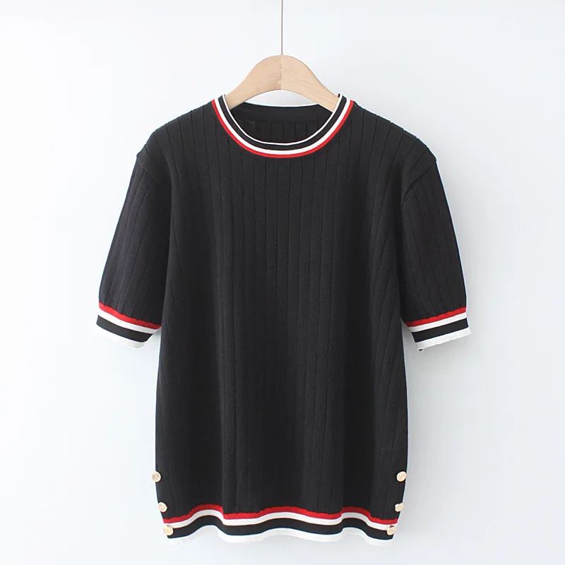 

New 2021 Ladies Summer Plus Size Knit Tops For Women Large Short Sleeve Slim Elastic Viscose Stripe T-shirt 2XL 3XL 4XL 5XL