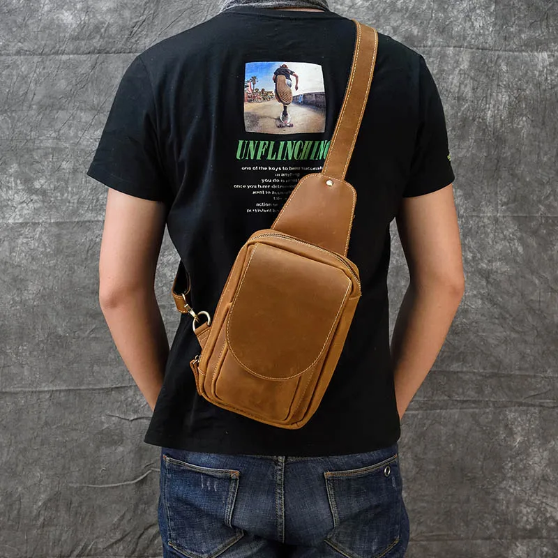 Мужская нагрудная сумка коричневая через плечо из коровьей кожи мини-сумка для