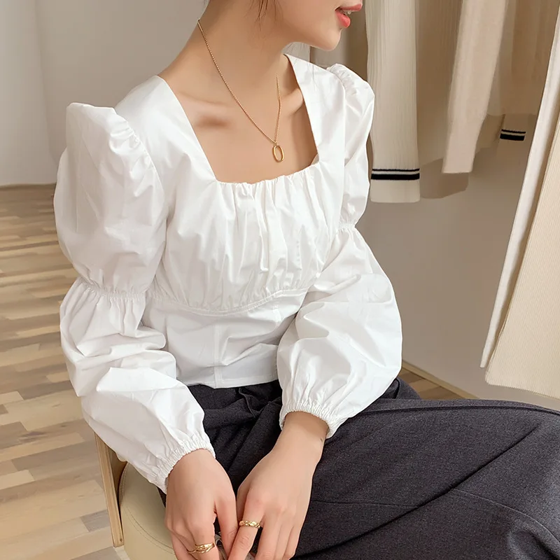 

New Temperament Square Collar Shirts Women Blouses Fashion Shirring Design Blusas Mujer Sweet Solid Long Sleeve Women Top