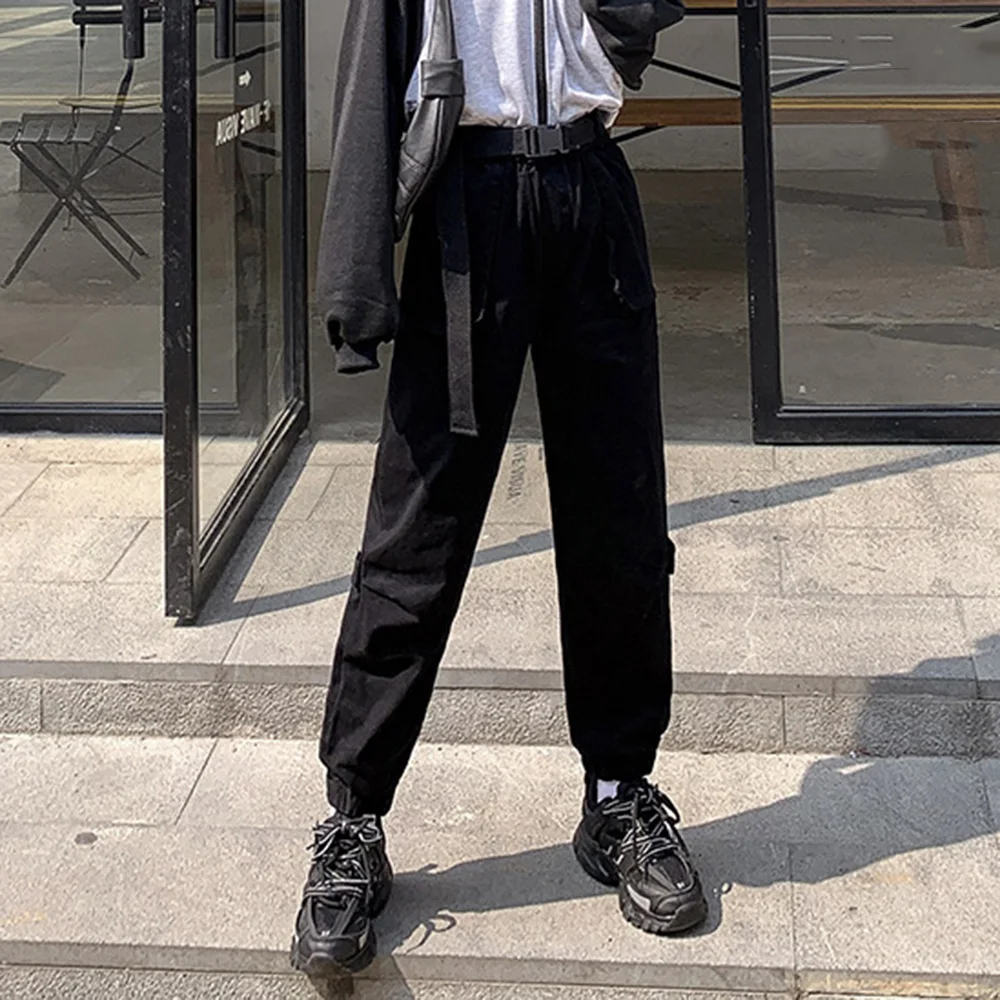 Унисекс Хип-хоп брюки с поясом черные армейские карго BF панк Харадзюку джоггеры