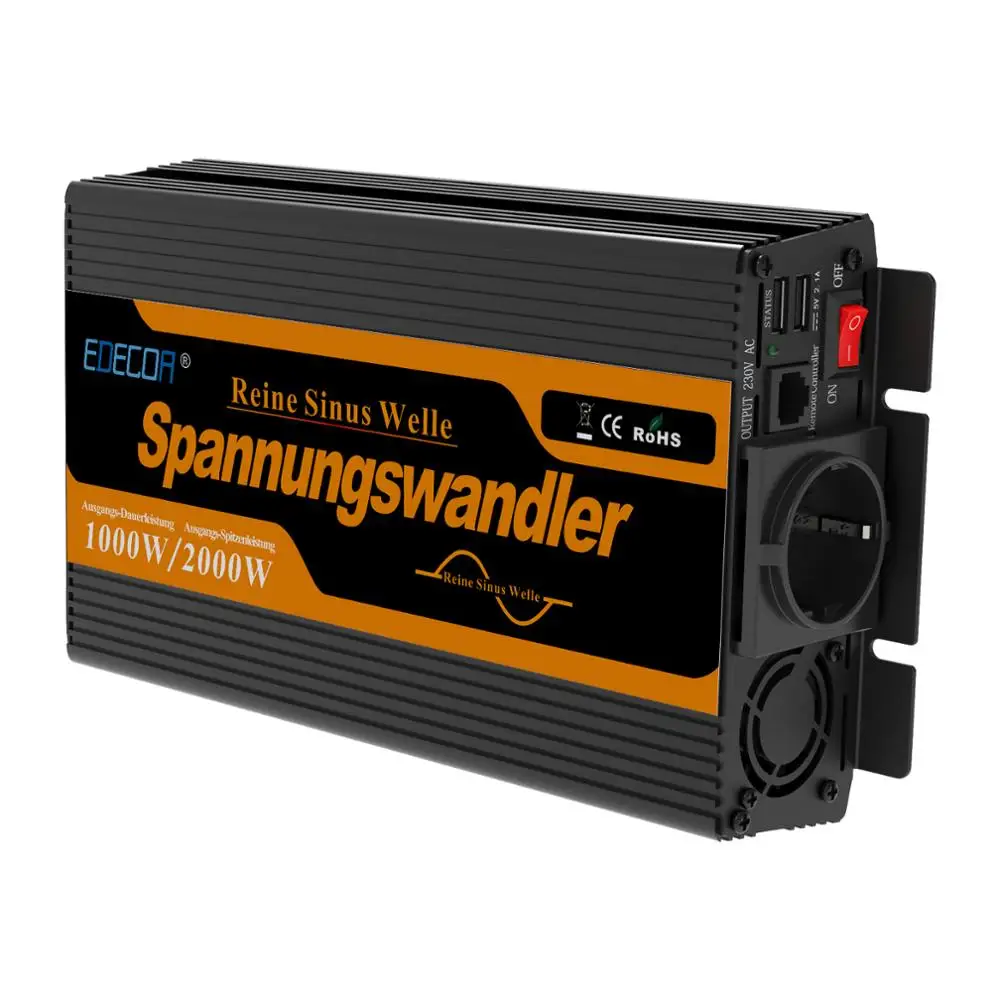 EDECOA DC 12V к переменному току 220V 1000 Вт пиковый 2000 Вт Чистая Синусоидальная волна инвертирующий усилитель мощности с пультом дистанционного управления и USB 5V 2.1A