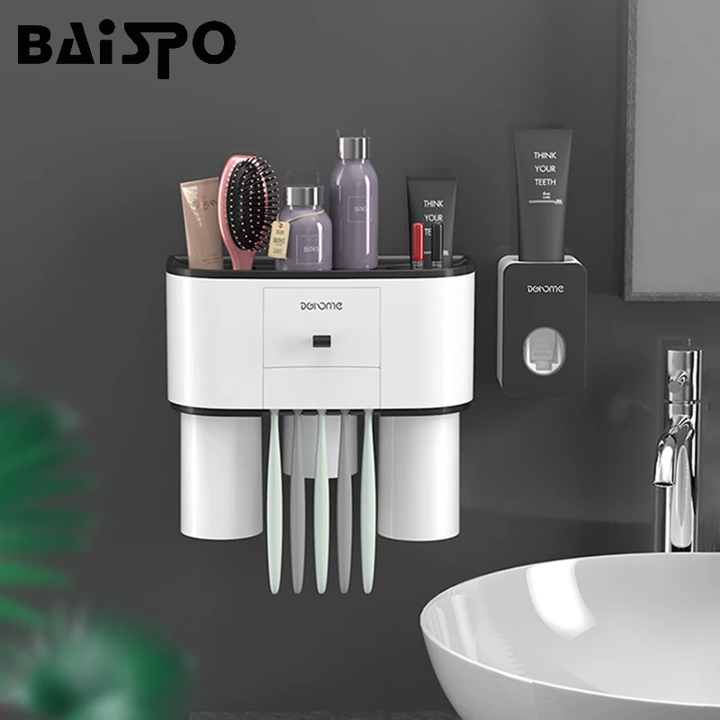 BAISPO держатель для зубных щеток Автоматический Диспенсер для зубной пасты соковыжималка для ванной комнаты Стеллаж для хранения настенное крепление аксессуары для ванной комнаты наборы