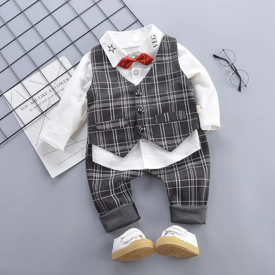 

3pcs set autumn children's clothing sets baby boy shirt pants grid vest gentleman Blazer for boys weddings formal suits