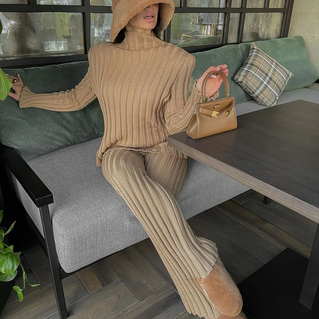 

Brand High Quality 2021 Casual Fashion 2PCS Outfits Women Sets Ribbed Knitted Trousers Winter Turtleneck Sweater 2 Piece Sets