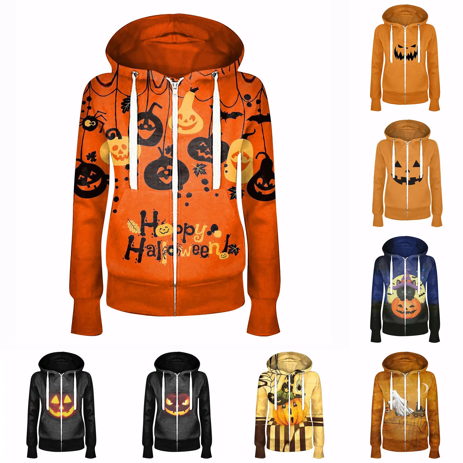 

Women's Halloween Jackets Fashion New Coats Winter Women Clothes Printed Plush Zipper Hooded Long Sleeve Casual Jacket Top