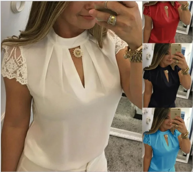 

Women's High Collar Deep V Back Shirt Zipper Lace Sleeve Stitching Stand Collar Shirt Casual Summer Blouse