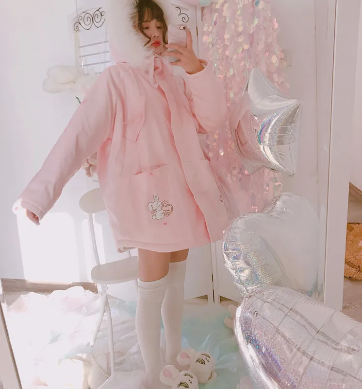 

Japanese Harajuku sweet lolita coat vintage thicken warm in winter cute printing loose kawaii girl overcoat loli coat