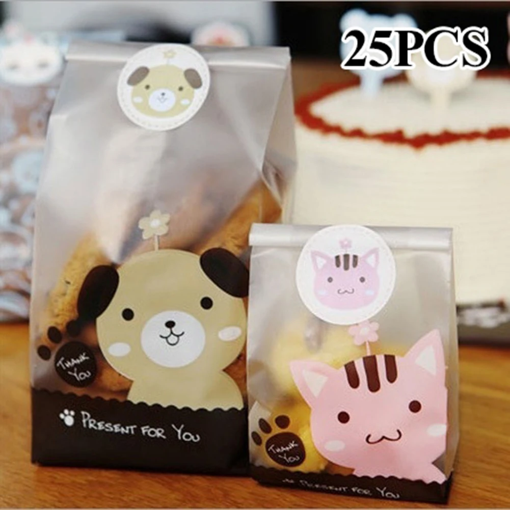 

25 PCS/ Pack Christmas Cute Cat Dog Pattern Frosted Packing Bags Baking Cookies Candies Supplies Storage Packs
