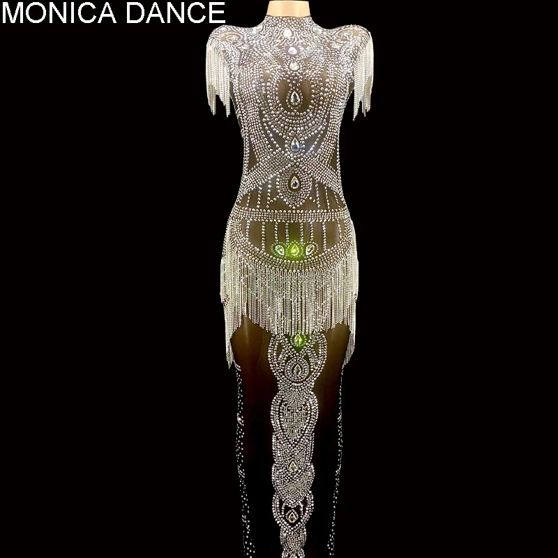

Sexy Luxurious Silver Crystays Fringes Black Mesh Transparent Dress Evening Birthday Celebrate Costume Stretch Flashing Dress