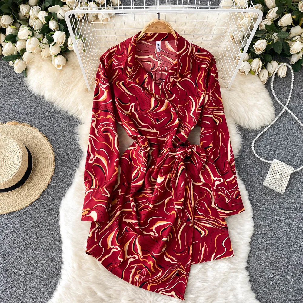 

New Spring Autumn Women's Dress Fashion Streetwear Turn-down Collar Long Sleeve Print Sash Wrap Bow-tied Irregluar Short Dress