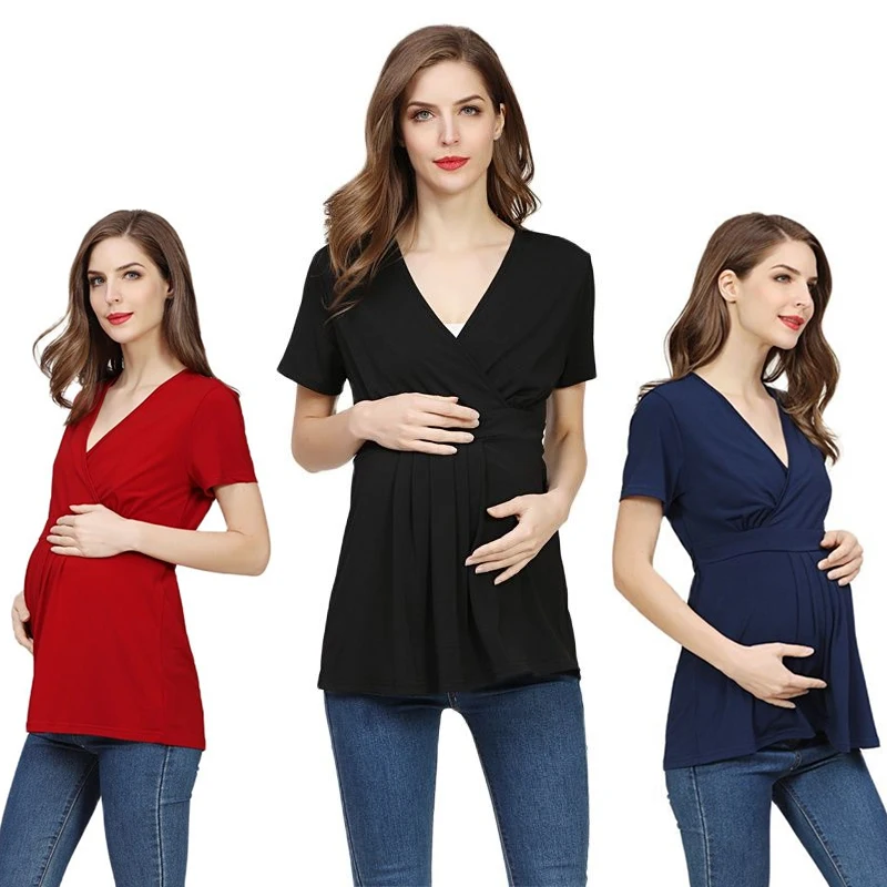 

New Summer Pregnant T-shirt Maternity Tops Women Big Size Short Sleeve Shirt Solid Color Soft Rayon Fabric For pregnant Women