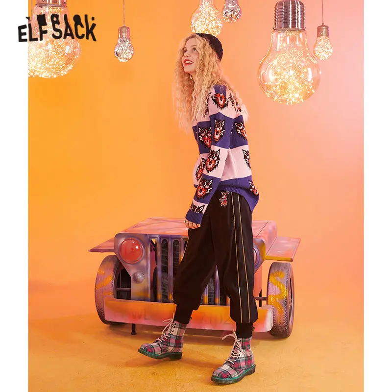 ELFSACK розовый волк принт вязанные повседневные пуловеры женские свитера зима 2020