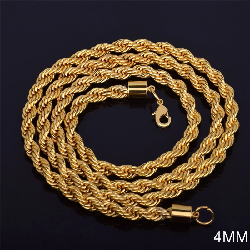 

Hot sale Retail Wholesale Long Gold-Color Man necklace 4mm 16,18,20,22,24,26,28,30 inch Twist Rope Chain jewelry accesory