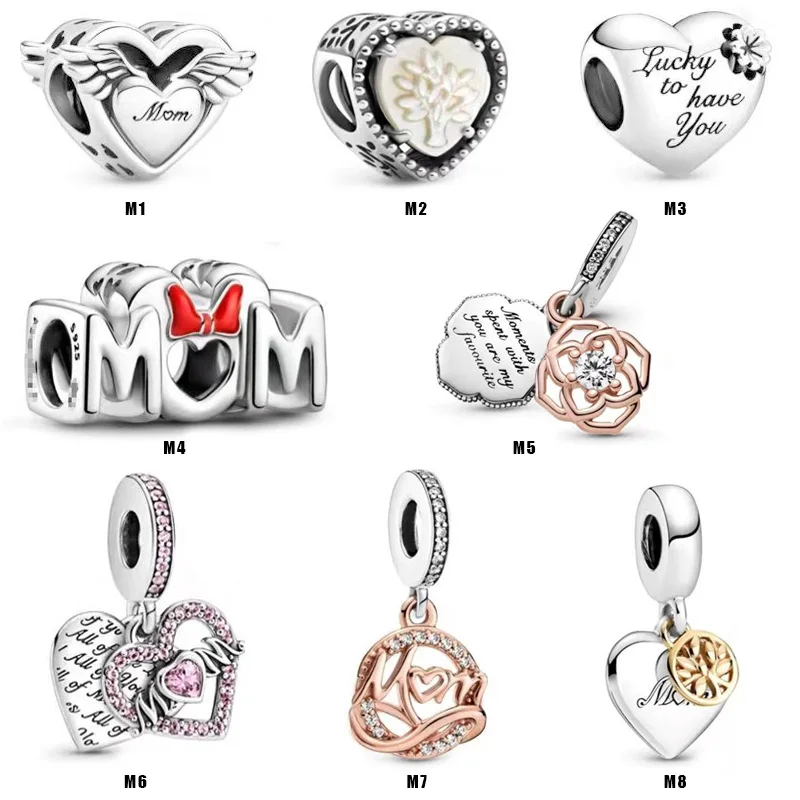 

925 Sterling Silver Original Pan Crystal Flower Mom Heart Pendant Charm Beads for Women DIY Bracelets Bangles Jewelry Gift