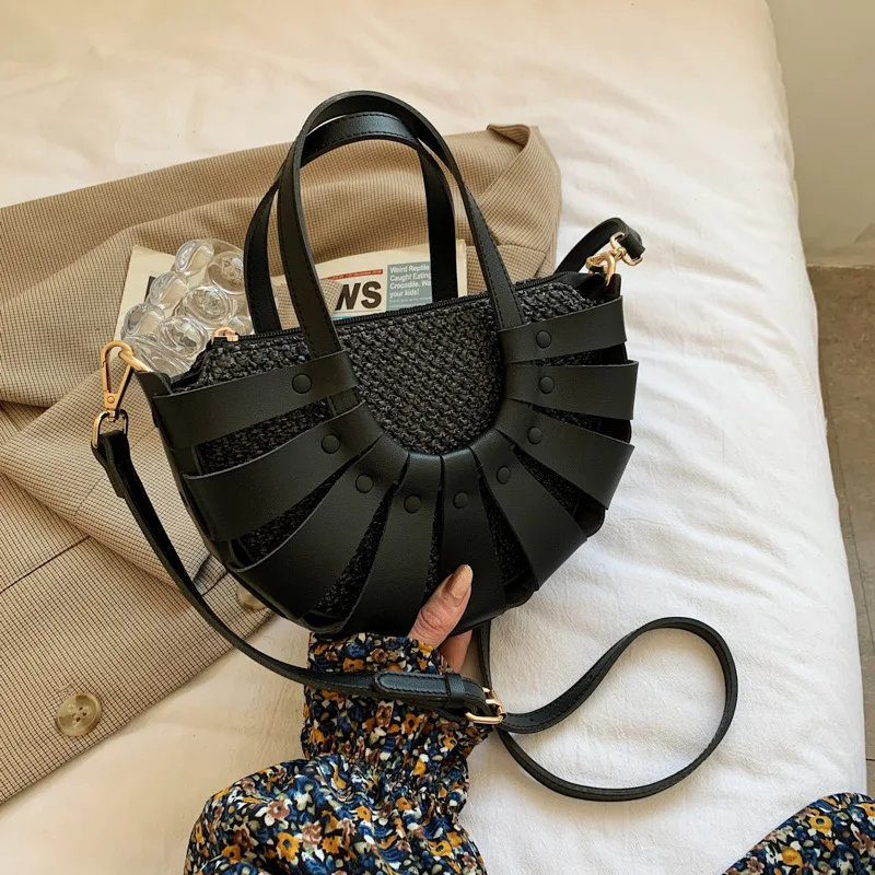 

Summer Straw Tote Bag 2021 New Pu Leather Stitching Women's Designer Handbag Travel Messenger Bag Woven Handbag Bolsa Feminina