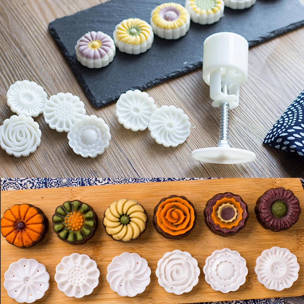 

1PC 6 Style Flower Shaped Mooncake Mold Hand Pressure Fondant Moon Cake Decorating Tools Cookie Cutter Pastry Baking Tool