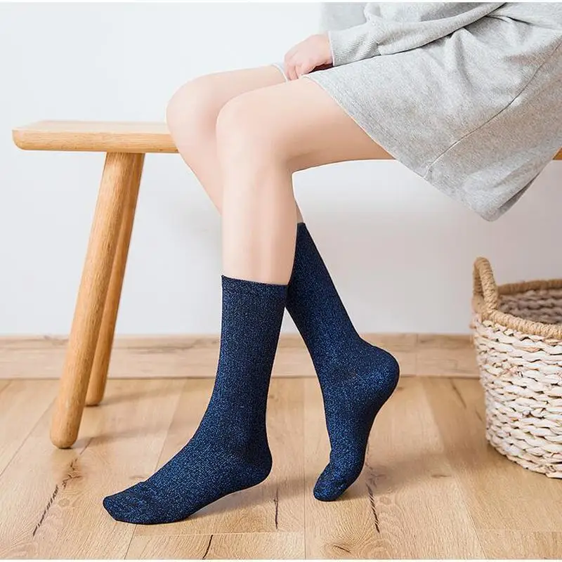 Women's socks spring and autumn golden silver silk knitted socks breathable glitter colored shiny fashion women socks