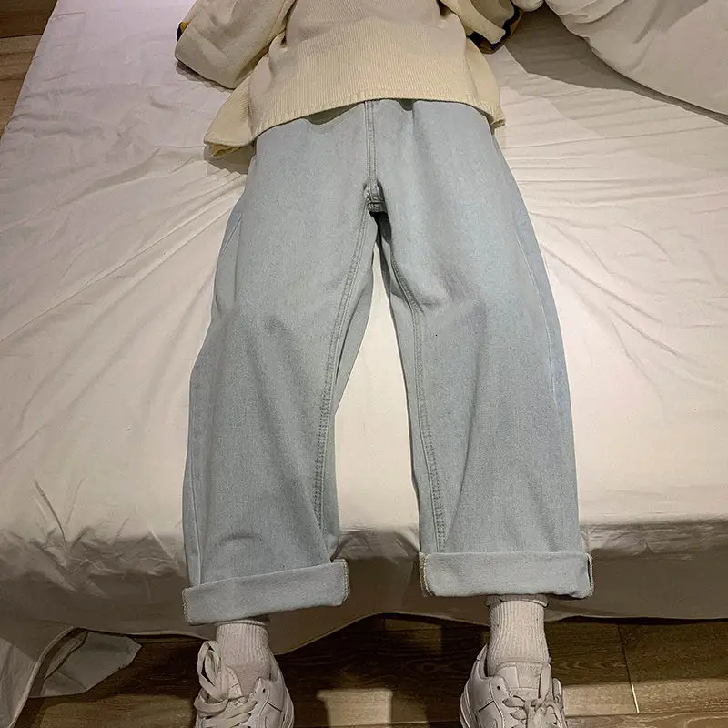 

Men's Solid Color Jeans Korean Casual Loose Harajuku Streetwear Hip-hop Straight Leg Pants Wide Leg Pants Men Ankle-length Pants