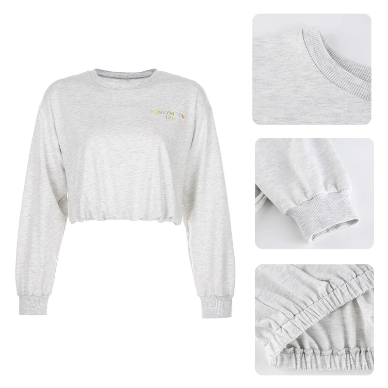 

Women Long Sleeve O-Neck Sweatshirt Colorful Letters Embroidery Loose Crop Top