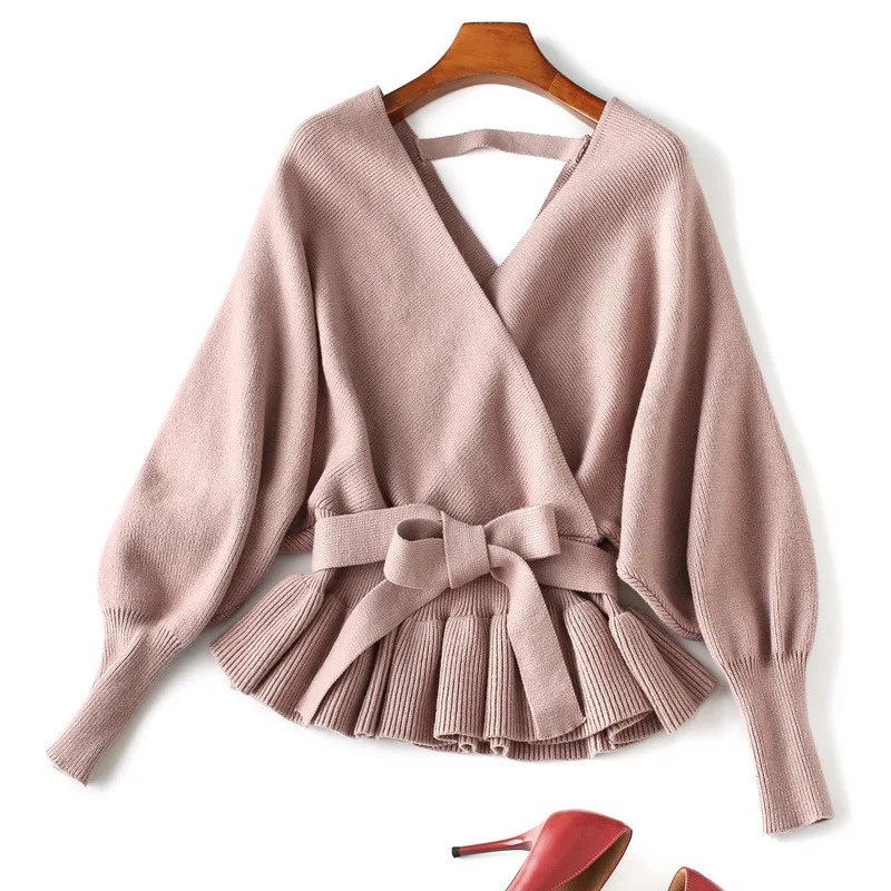 Вязаный свитер с рукавом летучая мышь пуловер v-образным вырезом модные свитера