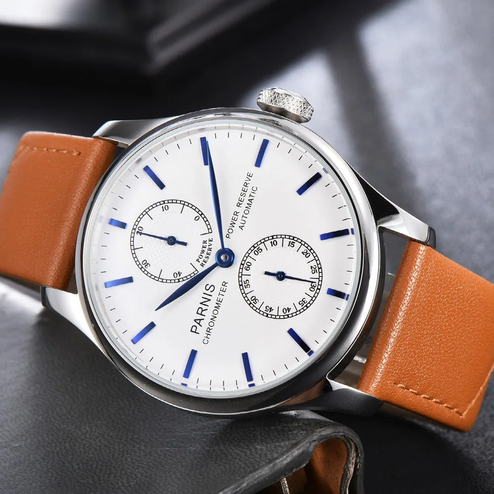 Парнис 43 мм часы с белым циферблатом автоматические механические мужские