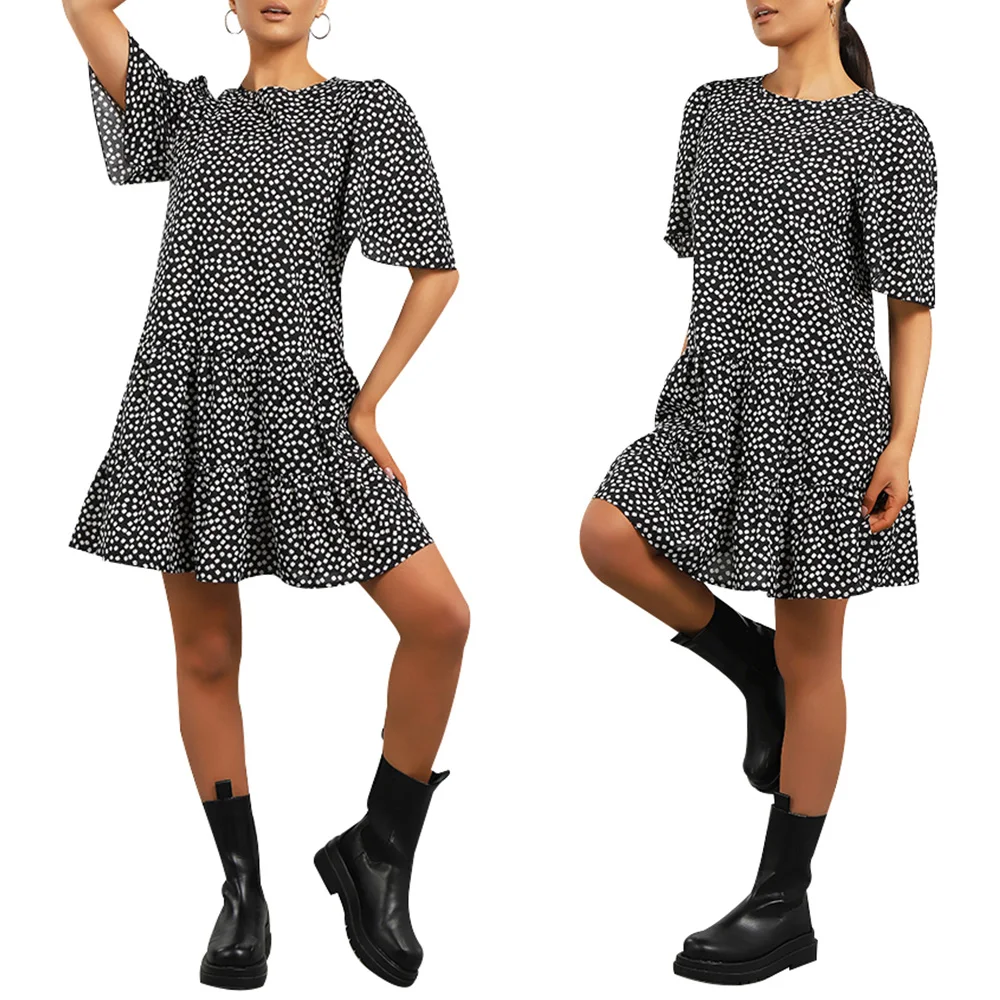 

Women Short Sleeve Crew Neck Swing Dress Summer Ruffle Hem Floral Print Mini Dress Chiffon Loose Casual Prairie Chic Vestito D30