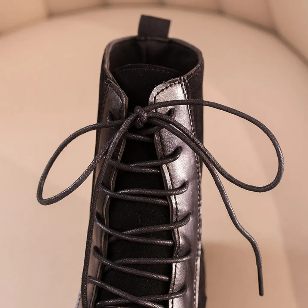 Черные женские Ботинки на каблуке с круглым носком повседневная обувь шнуровке