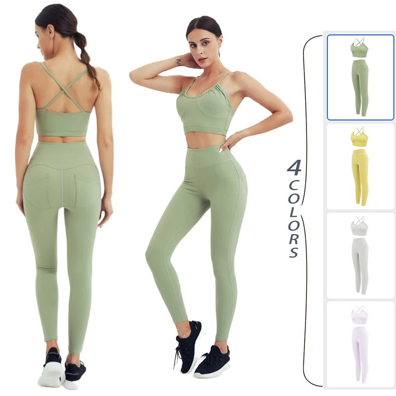 

Gym Women Yoga Set 2 Piece Fitness Sports Bra Crop Top Workout Leggings With Pockets Tracksuit Naked Feeling Activewear Clothing