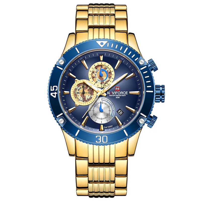 Gold Blue NAVIFORCE мужские часы лучший бренд класса люкс Стальные кварцевые мужские наручные часы спортивные часы с хронографом Мужские Аналоговые часы Relogio Masculino - Цвет: Gold Blue